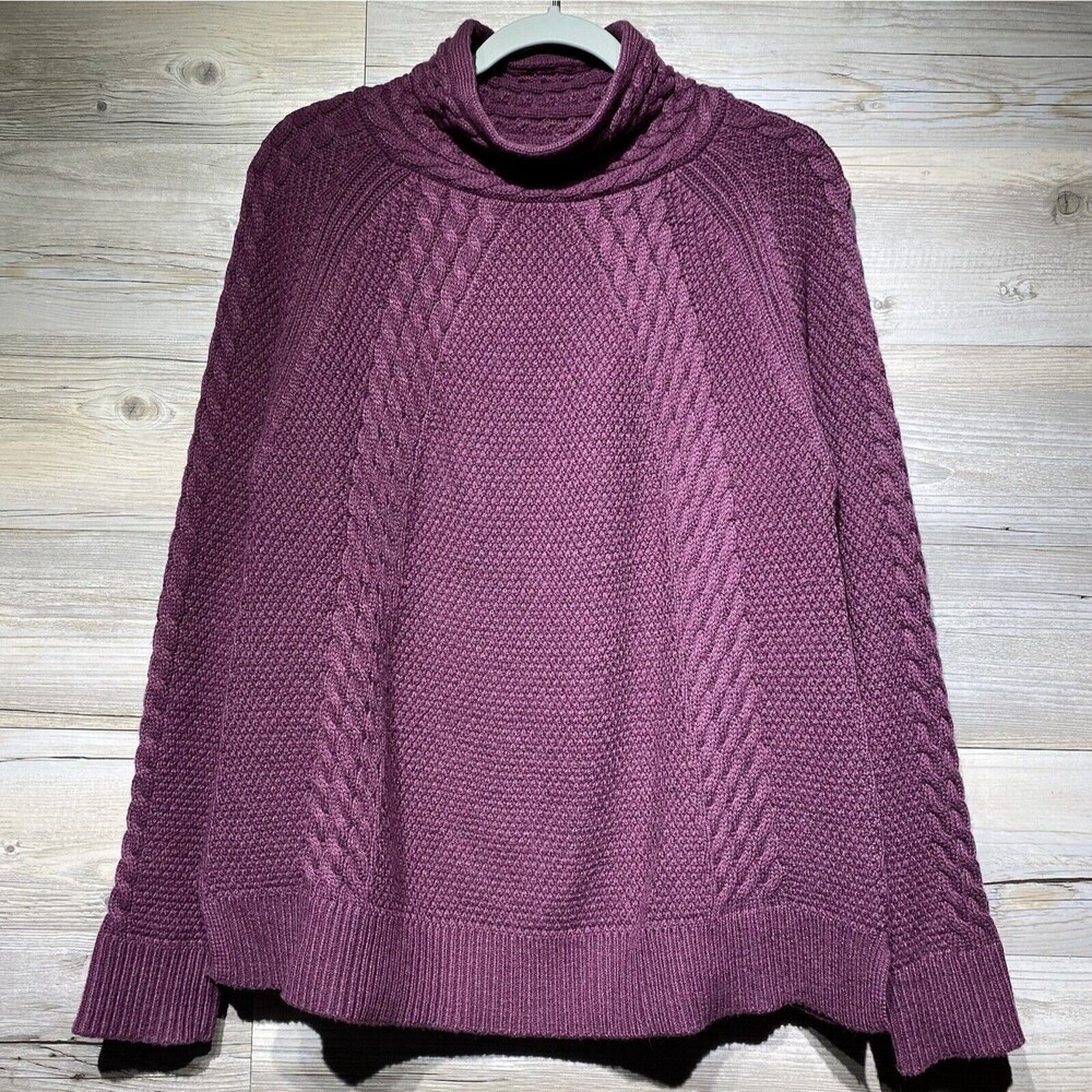 Aventura Sweater Merino Wool Blend Mock Neck Plum Purple Size Large Cable-Knit